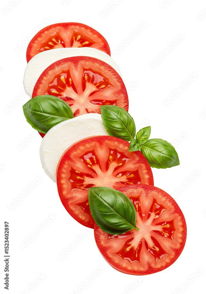 Poster isolated sliced tomato mozzarella and basil with transparent background