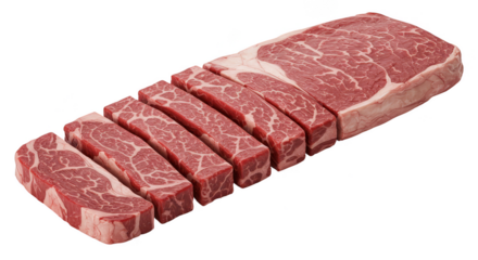 Isolated Sliced Raw Marbled Beef Steak Cuts On Transparent Background
