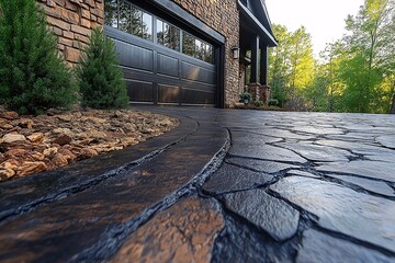 Modern Stone Driveway Design Elegant Garage Exterior with Natural Landscaping and Textured Pattern