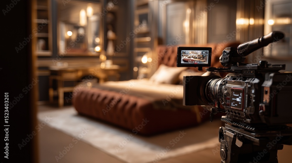 Poster professional camera recording a luxurious bedroom scene, ideal for filmmaking and content creation, 