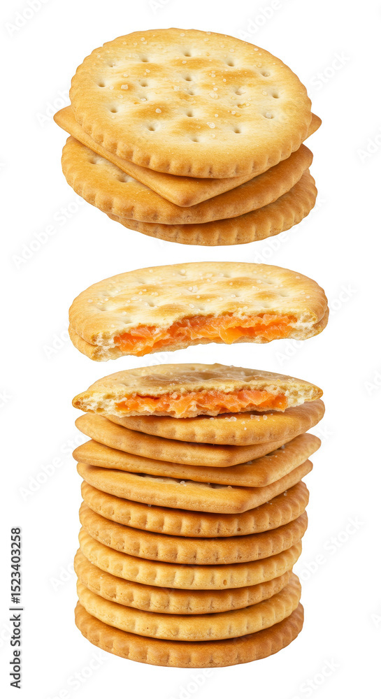 Poster isolated stack of round filled crackers snacks on transparent background