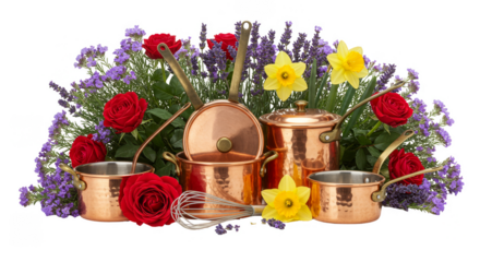 Isolated Still Life Copper Cookware Pots Pans with Flowers Roses Arrangement