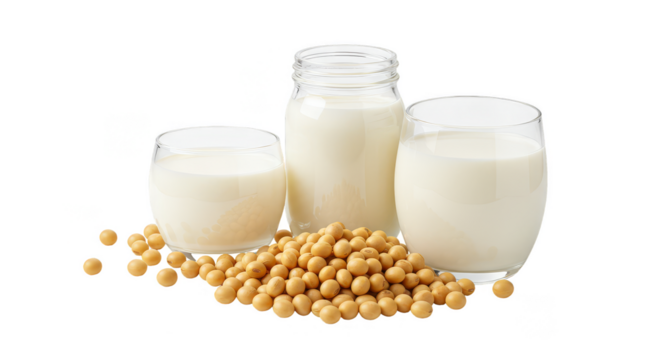 Isolated Still Life of Soy Milk with Pile of Soybeans Transparent