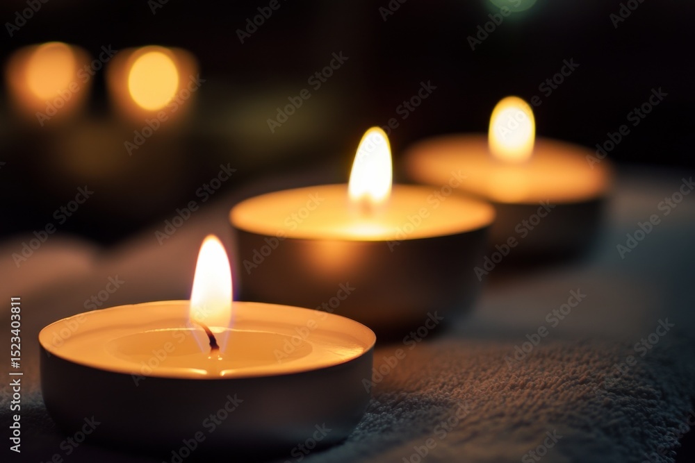 Poster Three Lit Tea Light Candles in a Row, Symbolizing Remembrance and Hope During Times of Reflection and Introspection : Generative AI
