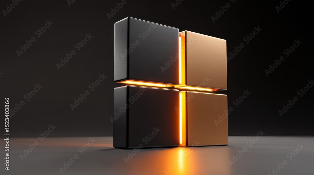 Poster Four Interlocking Cubes with Glowing Edges on Dark Surface, Symbolizing Connectivity and Technological Innovation for Business Solutions and Digital Transformation : Generative AI