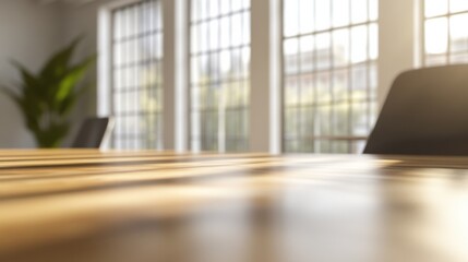 Conference Room Table in Warm Sunlight, Representing Corporate Meeting Space and Collaborative Workspace : Generative AI