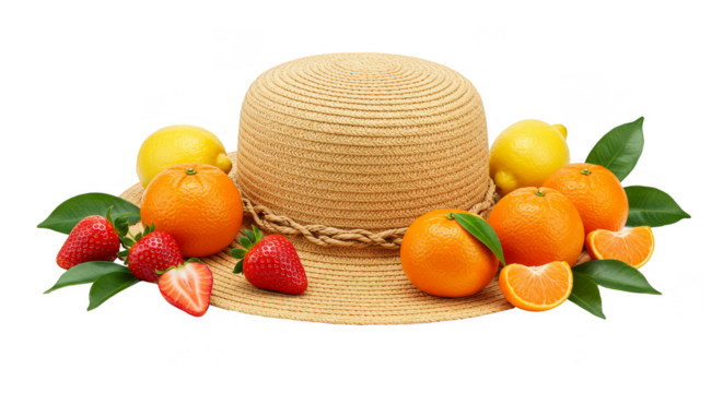 Isolated Still Life Straw Hat with Fresh Lemons Oranges Strawberries - Powered by Adobe