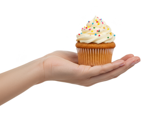 Isolated Studio Shot of Hand Holding Vanilla Cupcake with Sprinkles