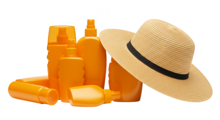 Isolated Sunscreen and Straw Hat Collection with Transparent Background Png