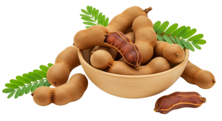 Isolated Tamarind Fruits and Leaves in Bowl on Transparent Background