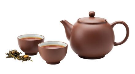 Isolated Teapot with Teacups Brown Ceramic Utensils in Transparent Background
