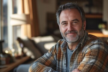 Obraz premium Middle-Aged Man Smiling in Cozy Home Interior with Natural Light and Warm Colors Authentic Lifestyle Photography