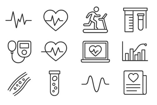 Medical fitness icons with heart, treadmill, and heartbeat symbols