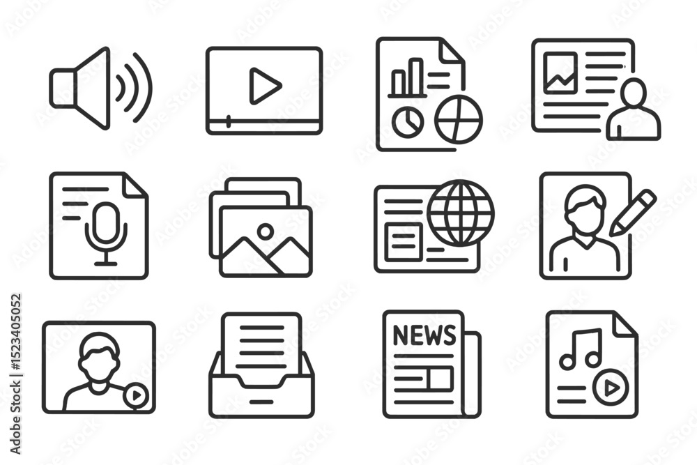 Poster minimalistic media and communication icons set on gray background