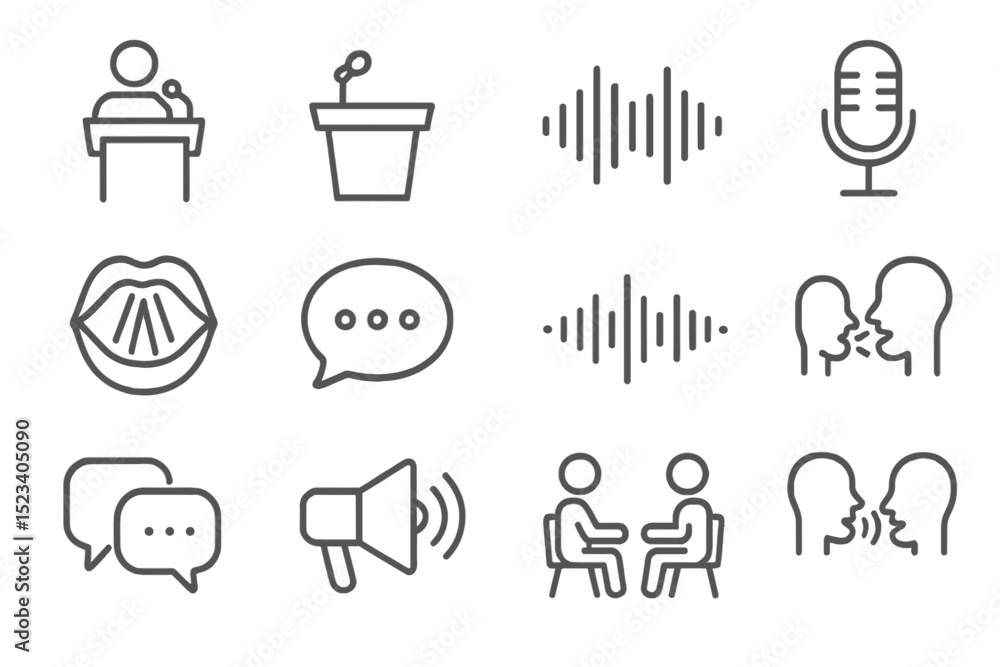 Poster speech and communication icons set on dark background