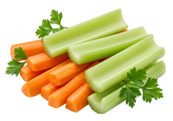 Isolated Transparent Background Fresh Celery and Carrot Sticks with Parsley