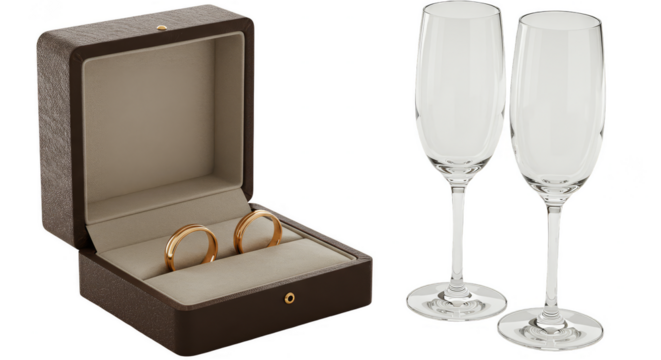 Isolated Transparent Background Golden Wedding Rings and Champagne Glasses