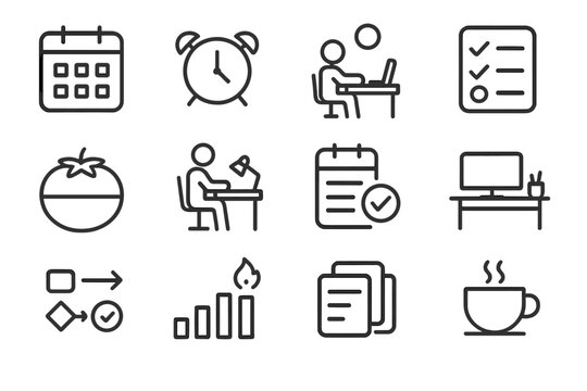 Productivity icons including calendar, alarm, checklist, office desk, and coffee