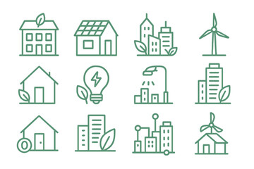 Fototapeta premium Eco-friendly building icons on green background with renewable energy symbols
