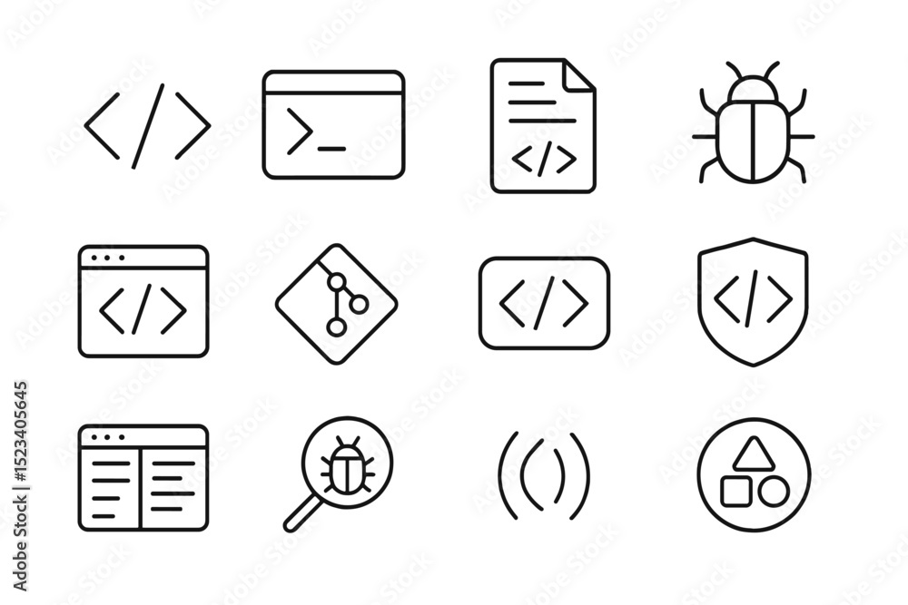 Aufkleber monochrome programming icons: code, bug, git, script, shield, editor