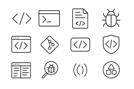 Monochrome programming icons: code, bug, git, script, shield, editor