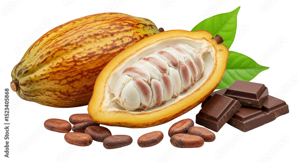 Poster isolated transparent background of chocolate cocoa beans and leafs