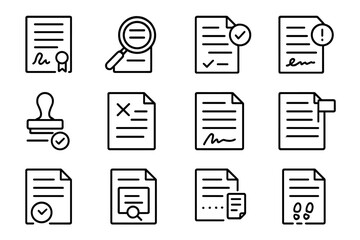 Icons of signed documents, stamps, magnifying glass, and checkmarks