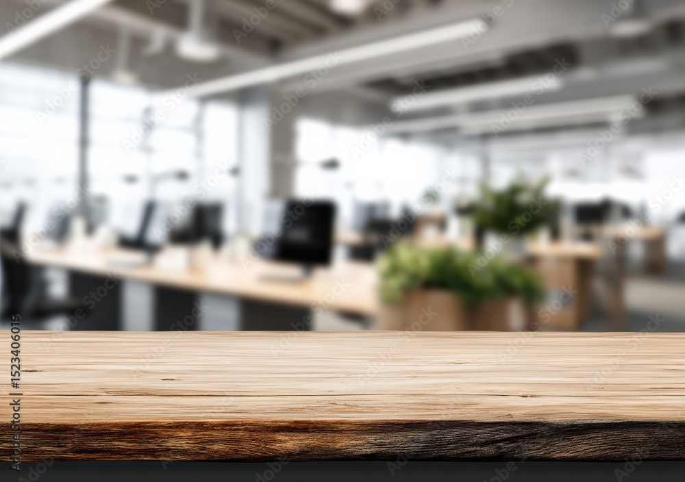 Poster Wooden table for displaying products with a blurred office background, perfect for showcasing items in a professional setting