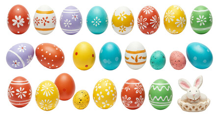 Isolated Transparent Background of Colorful Decorative Easter Eggs and Bunny