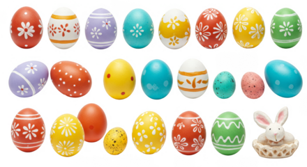 Isolated Transparent Background of Colorful Decorative Easter Eggs and Bunny