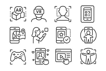 Augmented reality and virtual reality icon set with gadgets and interfaces