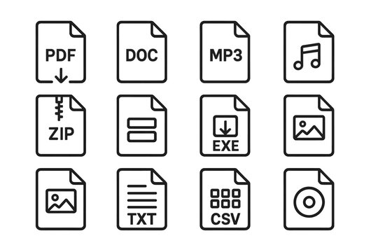 Vector line icons for common file formats on dark background