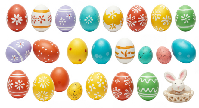Isolated Transparent Background of Colorful Decorative Easter Eggs and Bunny