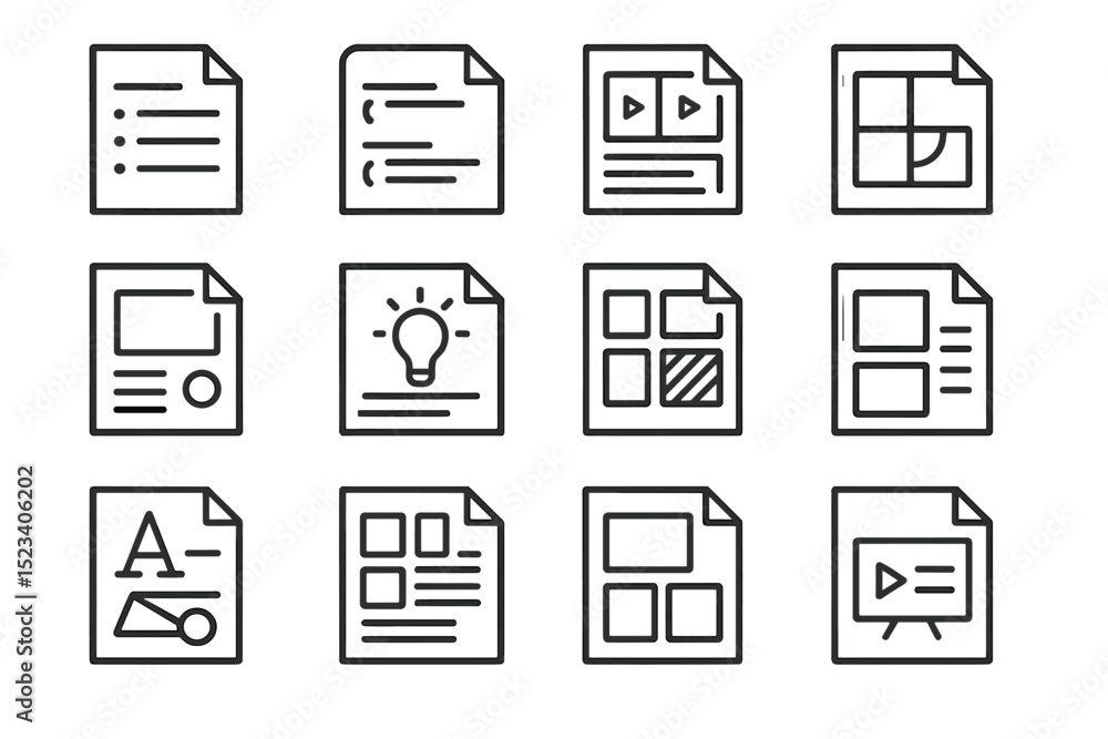 Poster set of 12 minimalistic document icons on dark background
