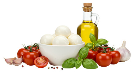 Isolated Transparent Background of Fresh Mozzarella With Tomato and Basil