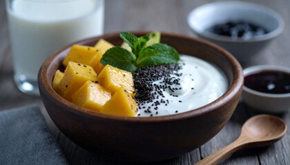 meal for breakfast, a wooden bowl of yogurt and chia seed and fruits