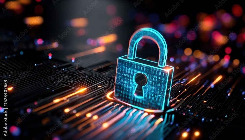 Aufkleber Glowing digital lock with binary code symbolizes online security, positioned on a circuit board with glowing patterns