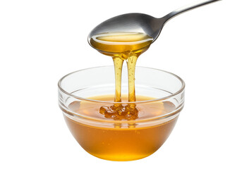 Isolated Transparent Honey Pouring from Spoon into Bowl Golden Liquid
