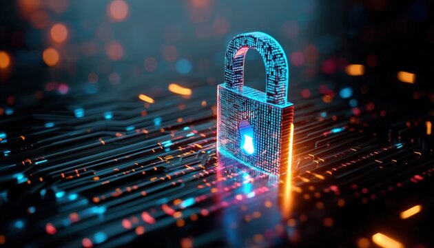 Glowing digital lock on circuit board symbolizes online security, with binary code and circuit patterns