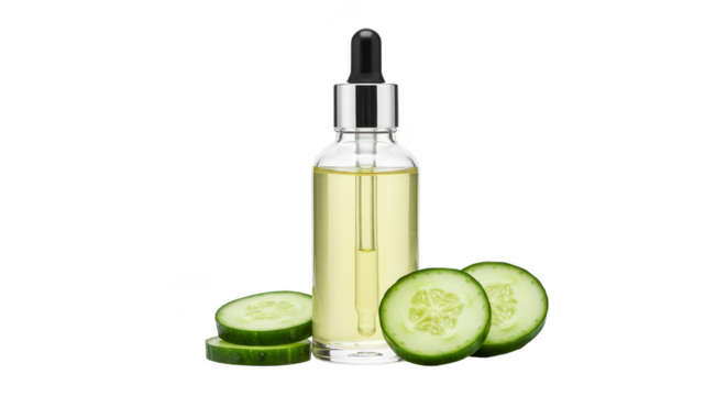 Isolated Transparent Image Of Cucumber Oil With Dropper Slices And Bottle