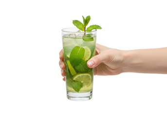Isolated Transparent Refreshing Mojito Cocktail Drink with Lime and Mint held
