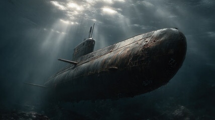 Illustration of a weathered, sunken submarine resting on the ocean floor. A decaying hull.