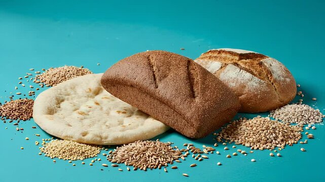 Three types of bread on teal surface