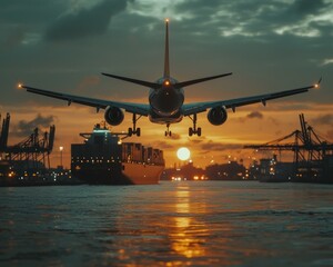 Airplane landing over harbor at sunset. Cargo ship and cranes in the background