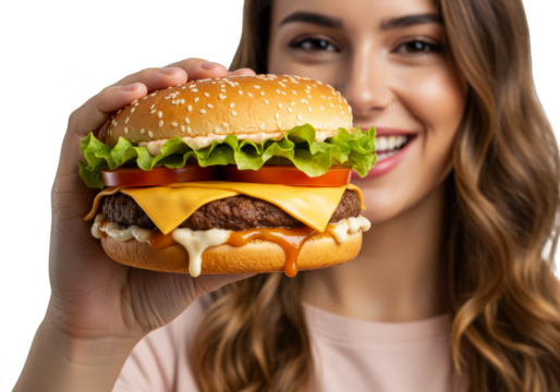 Isolated Woman Holding Delicious Burger With Transparent Background