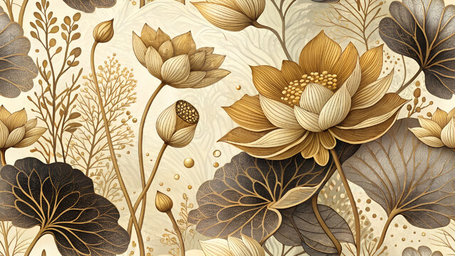 Seamless pattern vector illustration. Luxury golden lotus flower pattern and golden and brown lotus leaves. Abstract golden brown background for fabric or wallpaper printing.