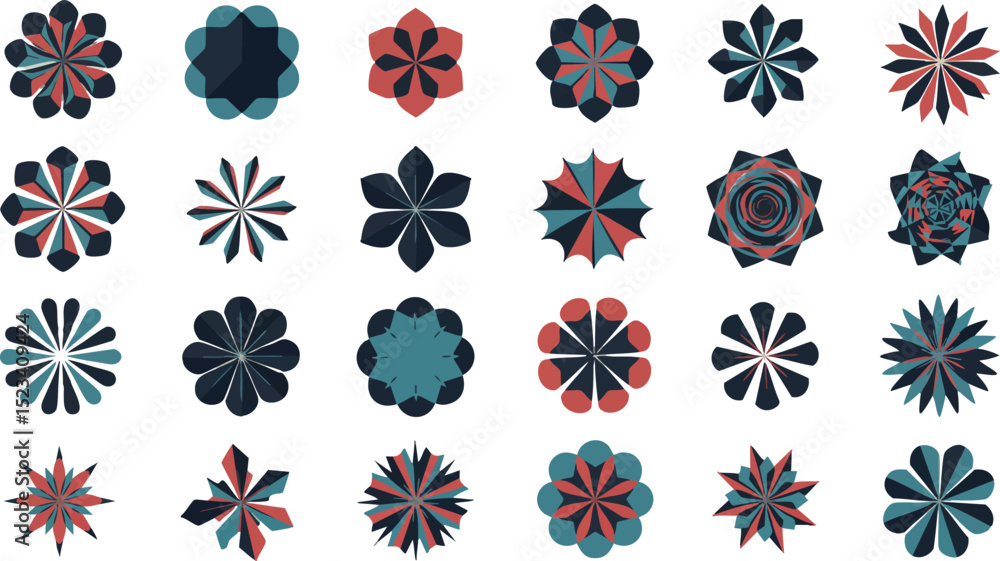 Poster abstract geometric flower shapes vector set with red and blue colors for design elements