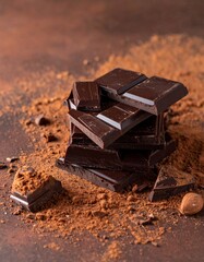 Broken dark chocolate bar and cocoa powder 