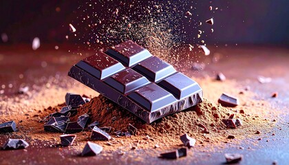 Broken dark chocolate bar and cocoa powder 