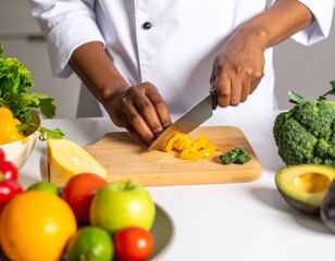 Chef's hands cutting vegetable and other vegetables and fruits, in the kitchen